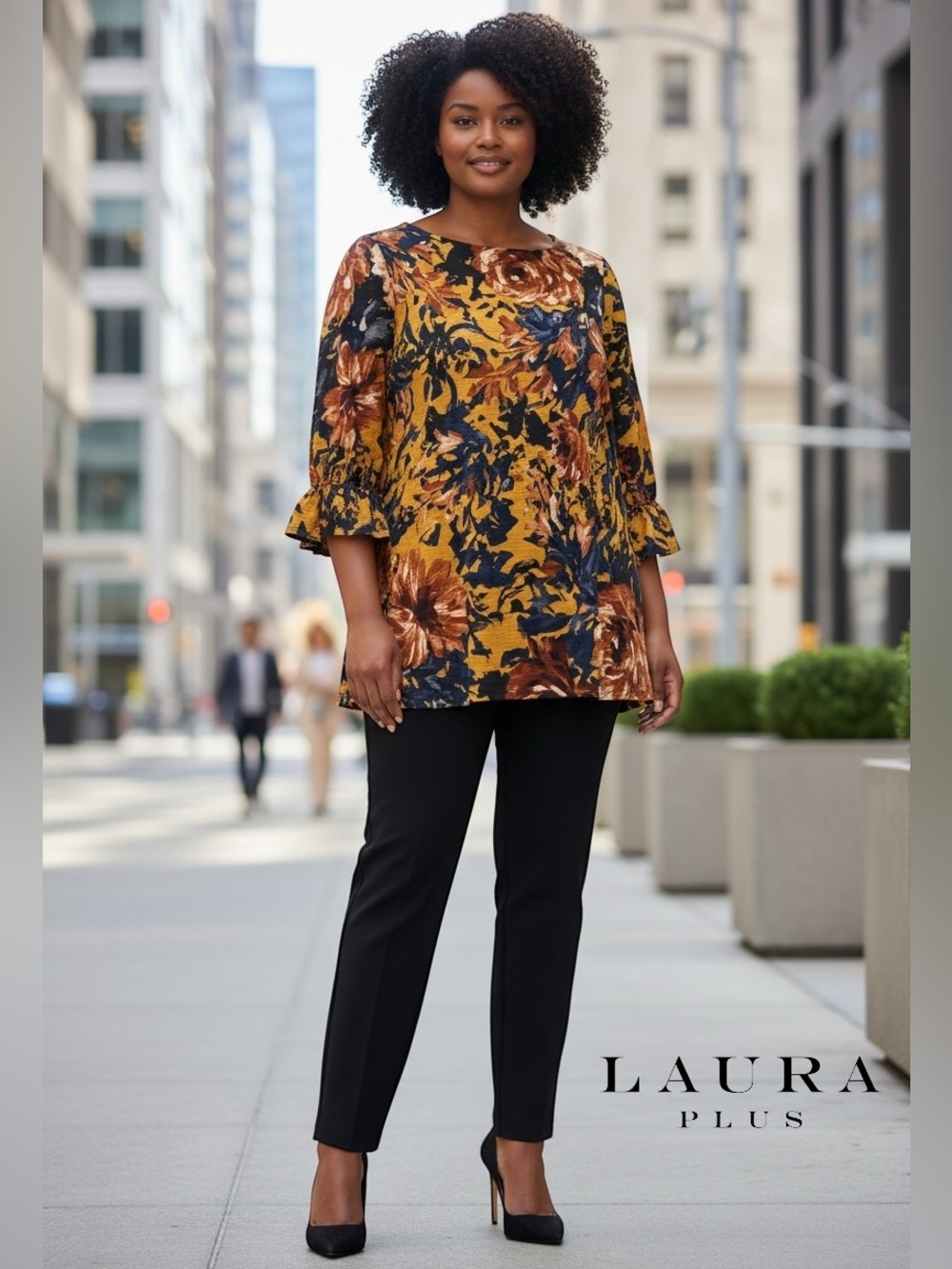Versatile Mustard Floral Ruffle-Sleeve Tunic in 2X from Laura